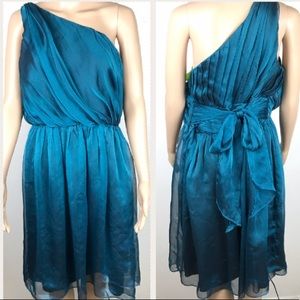 Monique Lhuillier blue green one shoulder dress